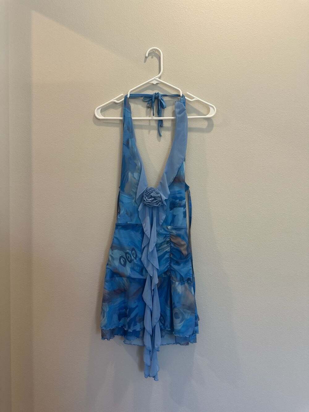 SHEIN Blue Abstract Print Mesh Rosette Halter Mini Dress Size S